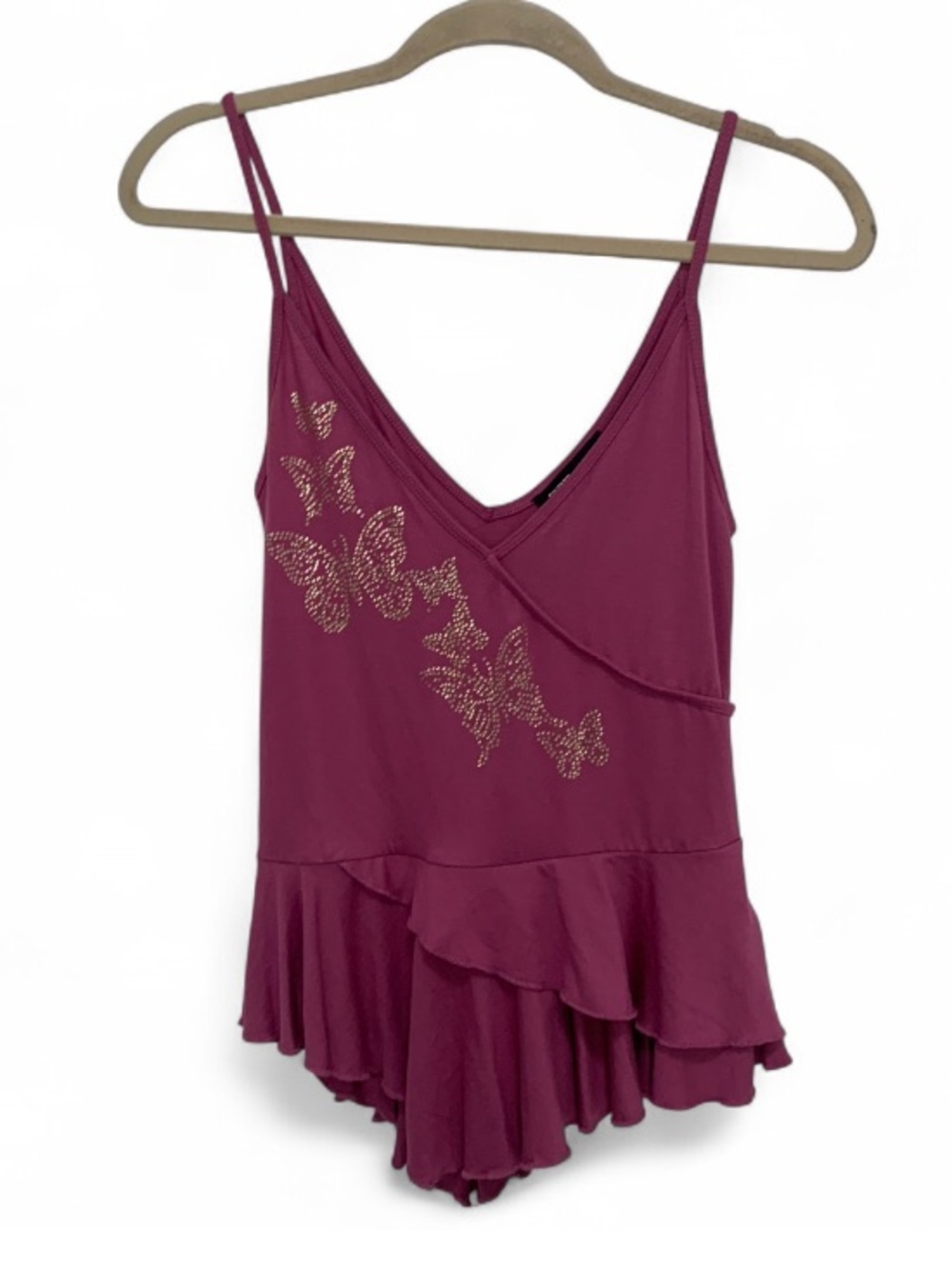 NWT Silence + Noise Purple Ruffle Tank Top with Rhinestone Butterfly Accents